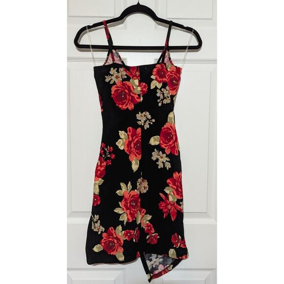 Crave Fame Black/Red Floral Faux-Wrap Sleeveless V-Neck Mini Dress Womens Size S - Picture 6 of 12